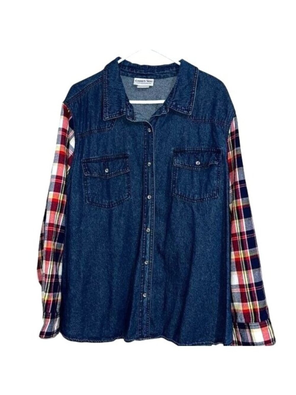 Country Store Denim Shirt With Plaid Sleeves Button-Down 3X 100% Cotton Womens